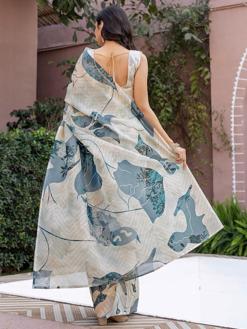 Vasthrlay Shimmer Printed Unstitched Light Green Saree
