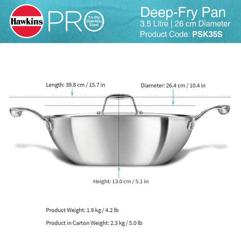 Hawkins Pro 3.5 Litre Deep-Fry Pan Triply Stainless Steel Kadhai