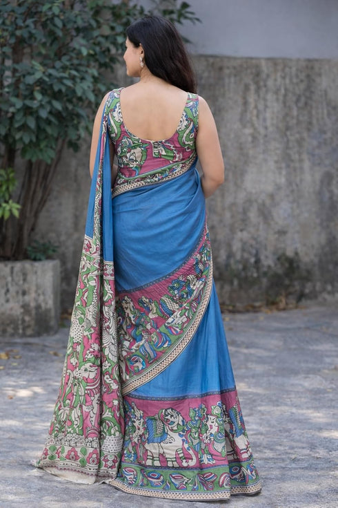 Vasthrlay Kalamkari Printed Sky Blue Saree with Border Cotton-Linen Blend Traditional Folk Art Motifs