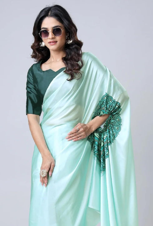 Vasthrlay Printed Kaftan Freehand Light Green Soft Satin Saree