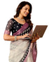 Vasthrlay Womens Printed White Saree With Black Unstitched Blouse Piece