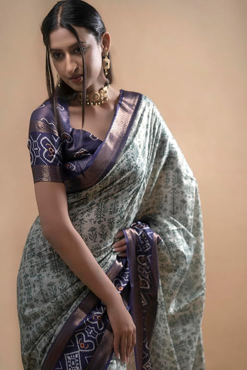 Vasthrlay Off White Green Textured Polyester Saree With Kalamkari Floral Panel| Zari Border And Unstitched Blouse Piece