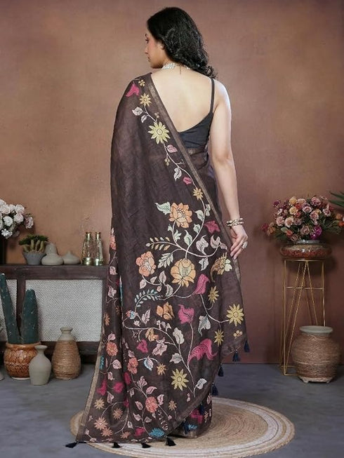 Vasthrlay Brown Floral Print Ready To Wear Linen Saree