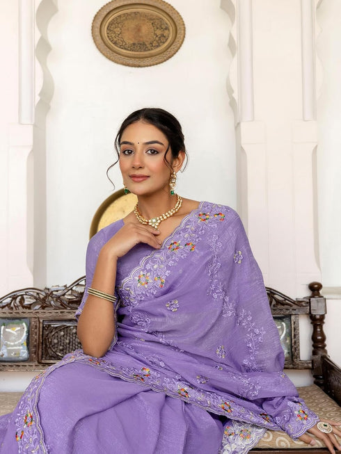 Vasthrlay Shimmer Embroidery Olive Saree