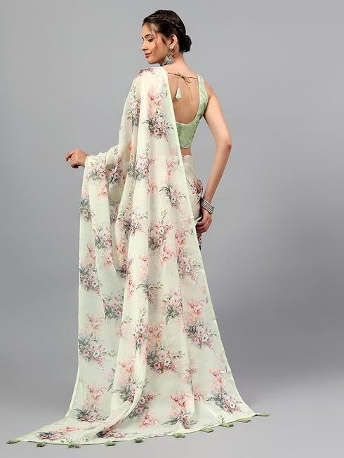 Vasthrlay Green1 Sheer Floral Printed Art Chiffon Saree With Unstitched Blouse