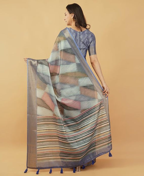 Vasthrlay Slate Blue Abstract Print Polyester Saree With Zari Border And Unstitched Blouse Piece