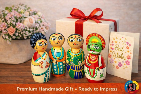 SIGNY Handcrafted Channapatna Kathakali Wooden Doll Set of 4