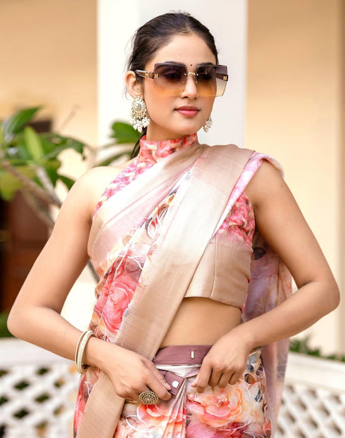 Vasthrlay Womens Printed Unstitched Beige Saree