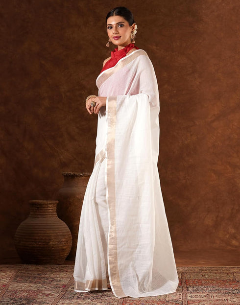 Vasthrlay Womens Cotton Unstitched White Saree