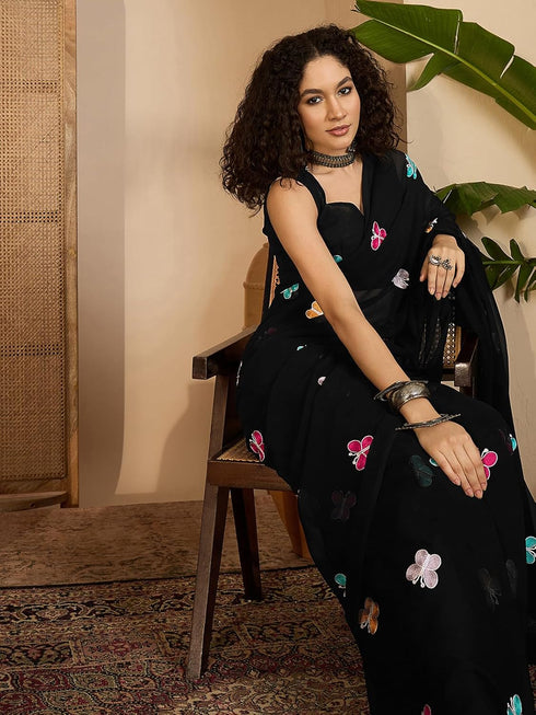 Vasthrlay Shimmer Embroidery Pista Saree