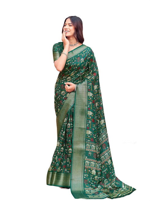 Vasthrlay Womens Printed Green Saree With Unstitched Blouse Piece