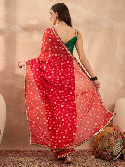 Vasthrlay Vasthrlaywomensredgeorgettebandhaniprintembroideredlaceworksareewithunstitchedblousepiece Sareeforwoman Designersareeforwomen Tr Ethnic Wear