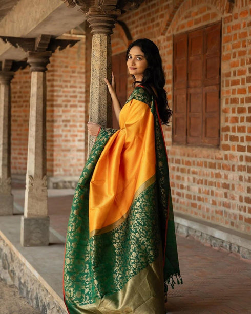 Vasthrlay Yellow Banarasi Wedding Saree