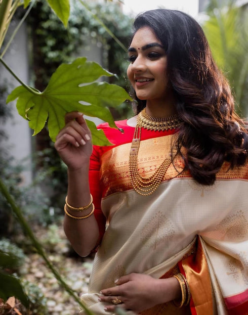 Vasthrlay Jacquard Kanjivaram Unstitched Cream Saree