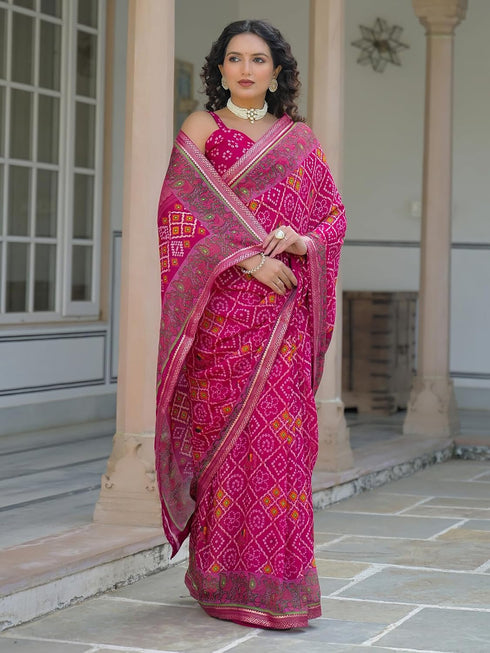 Vasthrlay Georgette Bandhani Unstitched Pink Saree