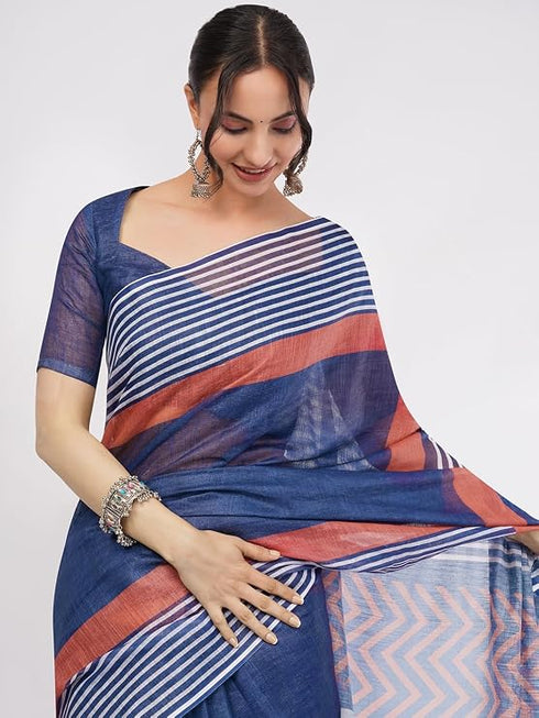 Vasthrlay Blue Printed Linen Saree With Unstitched Blouse Piece