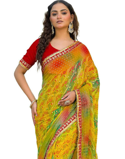 Vasthrlay Bandhani Embroidery Unstitched Yellow Saree