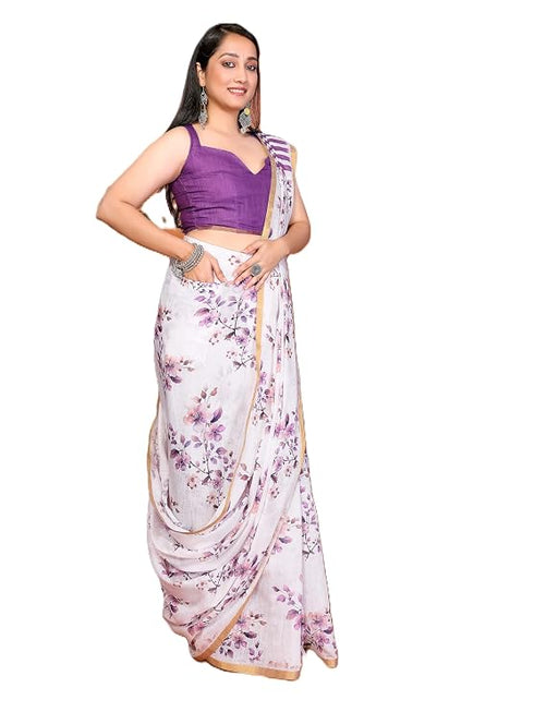 Vasthrlay Purple Womens Linen Ready To Wear Saree