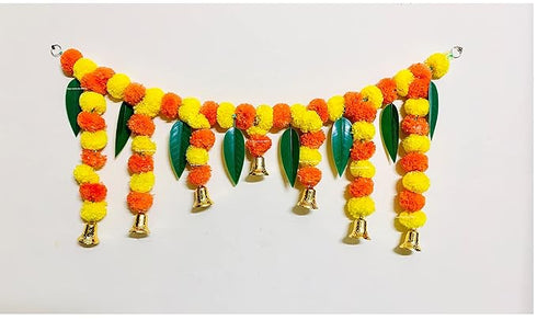 Artificial Fluffy Marigold and Mango Leaves with Bells Door Toran