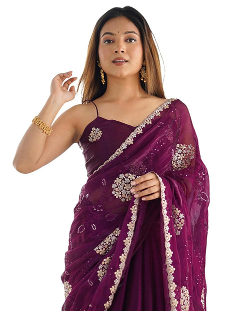 Vasthrlay Sequence Embroidery Unstitched Red Saree