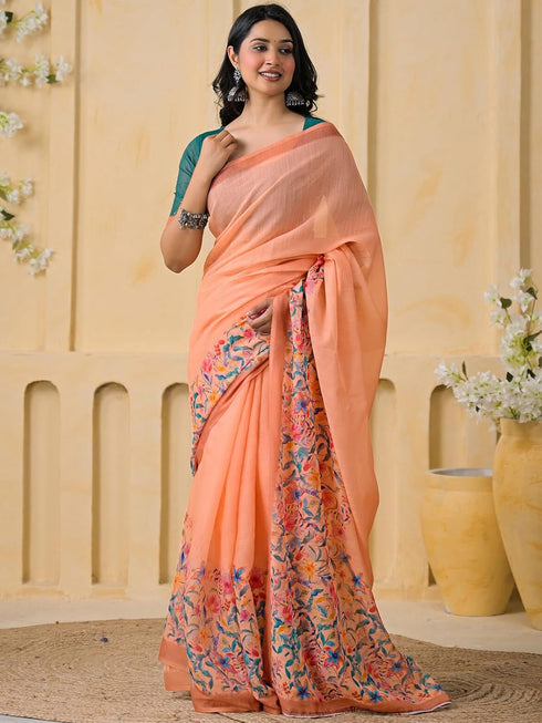 Vasthrlay Womens Printed Unstitched Peach Saree