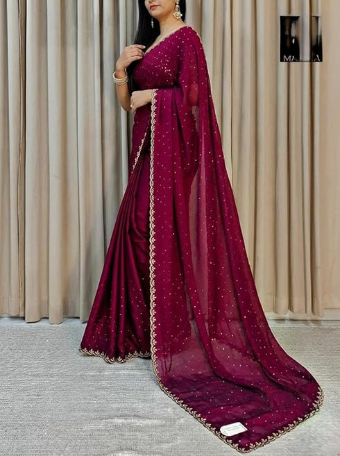 Vasthrlay Dailywear Maroon Georgette Stone Work Saree with Border | All-Over Stone Embellishments