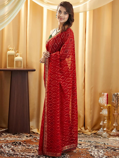 Vasthrlay Georgette Bandhani Unstitched Dark Green Saree