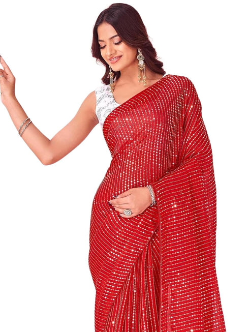 Vasthrlay Sequins Embroidery Red Saree