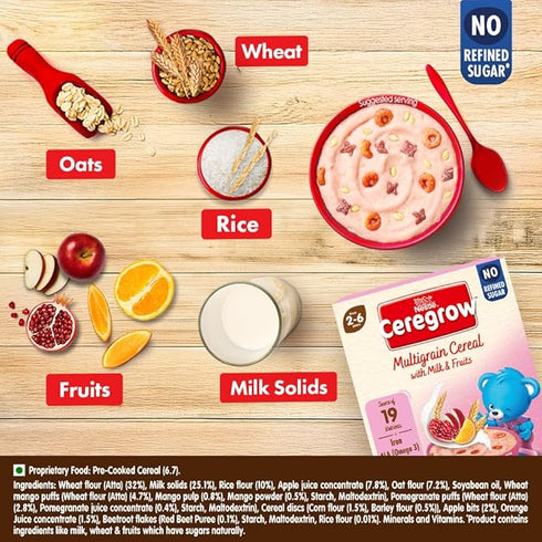 Ceregrow No Refined Sugar | Multigrain, Milk & Fruits Cereal | Sachets