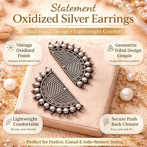 Oxidized Silver Earrings Half Moon Geometric Tribal Design