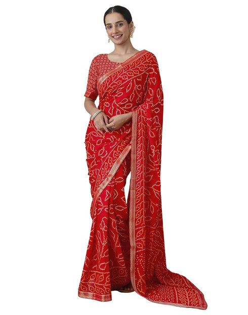 Vasthrlay Georgette Bandhani Saree With Red Unstitched Blouse Piece