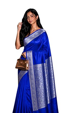 Vasthrlay Banarasi Satin Jacquard Handloom Blue Saree Kanjivaram V Neck