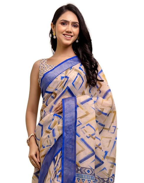 Vasthrlay Womens Printed Unstitched Cream Saree
