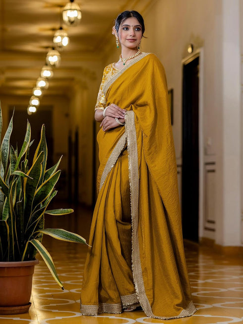 Vasthrlay Womens Blouse Mustard Yellow Saree With Unstitched Blouse Piece