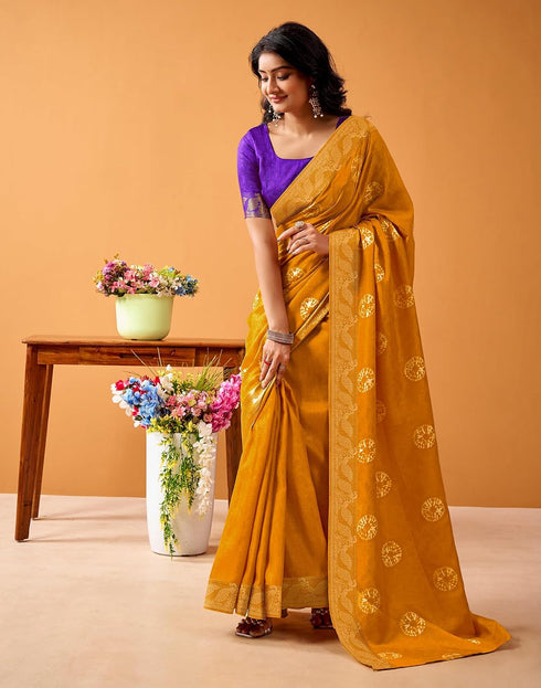 Vasthrlay Weaving Printed Turmeric Yellow Saree With Purple Unstitched Blouse Piece