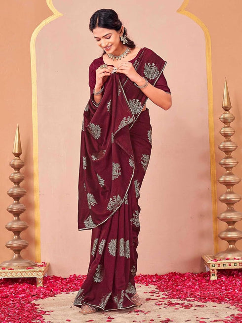 Vasthrlay Vichitra Printed Unstitched Rani Pink Saree