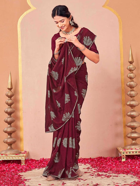 Vasthrlay Vichitra Printed Maroon Saree With Unstitched Blouse Piece