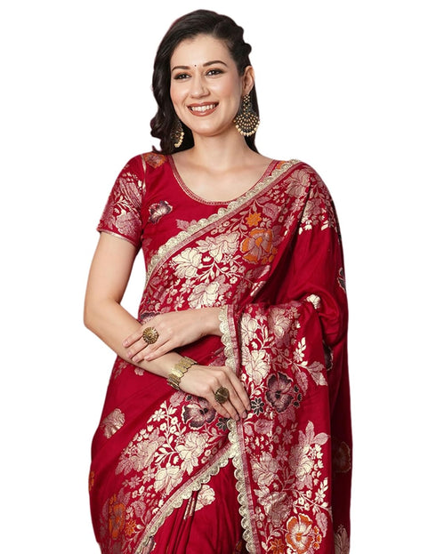 Vasthrlay Kanjivaram Banarasi Unstitched Red Saree