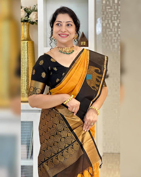 Vasthrlay Orange Banarasi Elephant Unstitched Saree