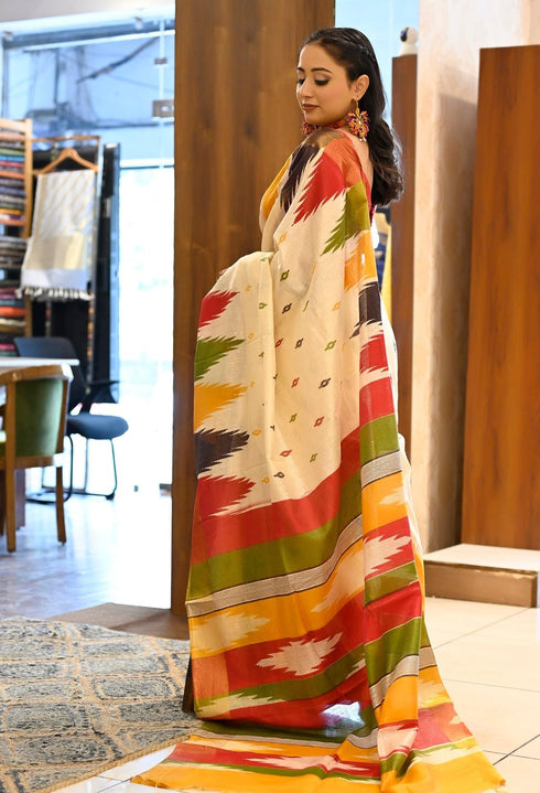 Vasthrlay Cream Printed Unstitched Saree