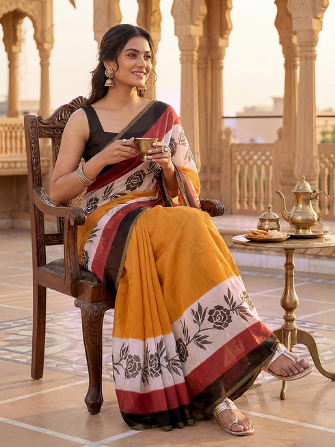 Vasthrlay Printed Lemon Yellow1 Yellow Saree