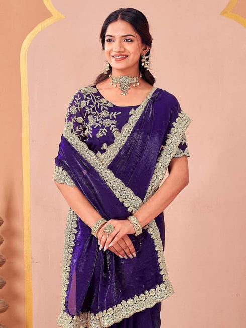 Vasthrlay Sequins Embroidery Unstitched Purple Saree