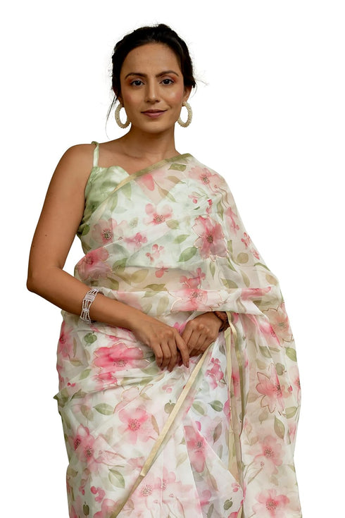Vasthrlay Fashion Organza Printed White Ethnic Wear