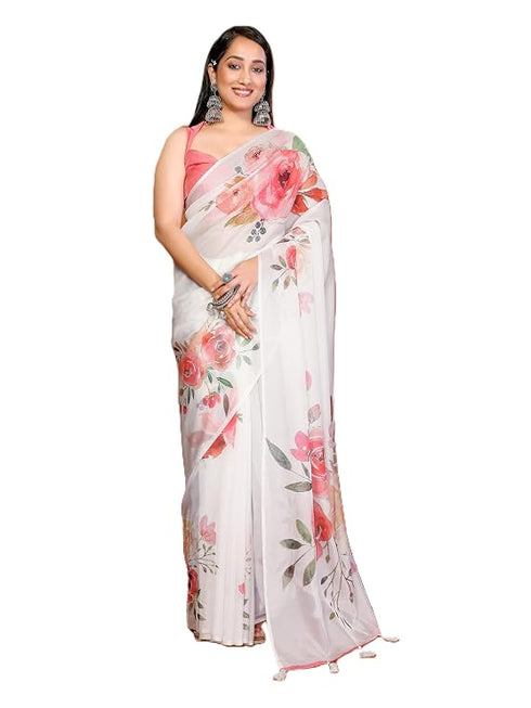 Vasthrlay White Leaf Print Organza Saree With Mustard Piping And Ruched Sleeveless Unstitched Blouse Piece