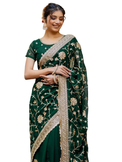 Vasthrlay Georgette Embroidery Unstitched Dark Green Saree