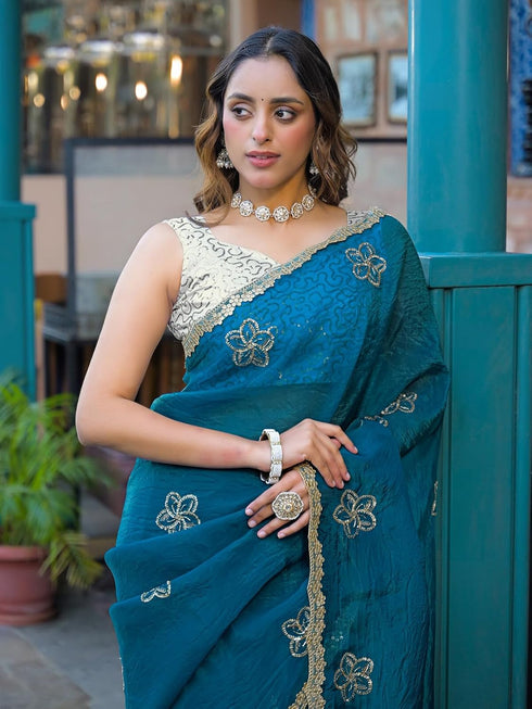 Vasthrlay Sequins Embroidery Peach Saree