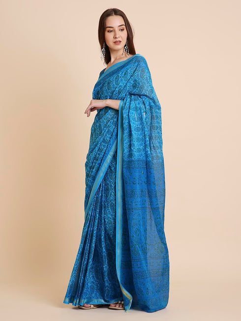 Vasthrlay Cotton Printed Mulmul Blue Saree