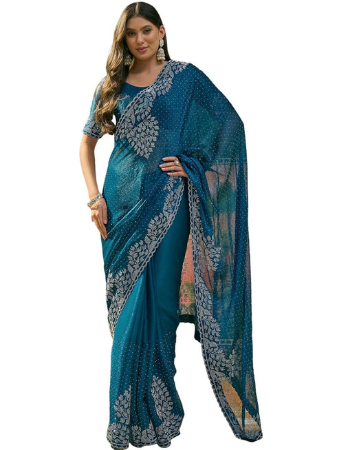 Vasthrlay Shimmer Scalloped Unstitched Peacock Blue Saree