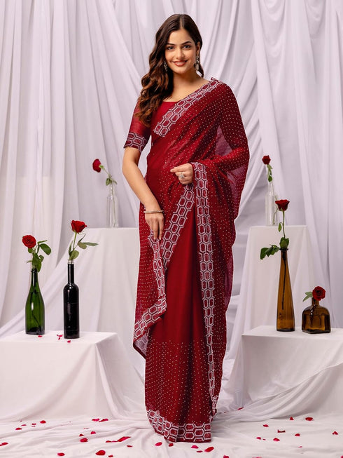Vasthrlay Womens Chiffon Unstitched Maroon Saree