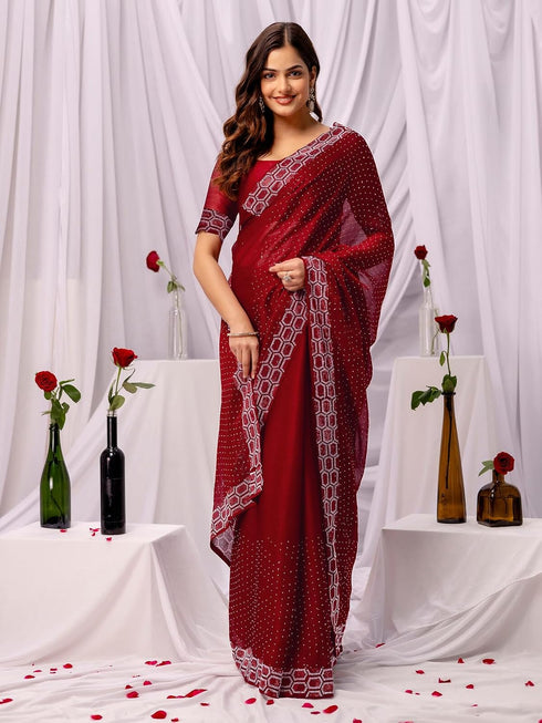 Vasthrlay Womens Chiffon Maroon Saree With Unstitched Blouse Piece